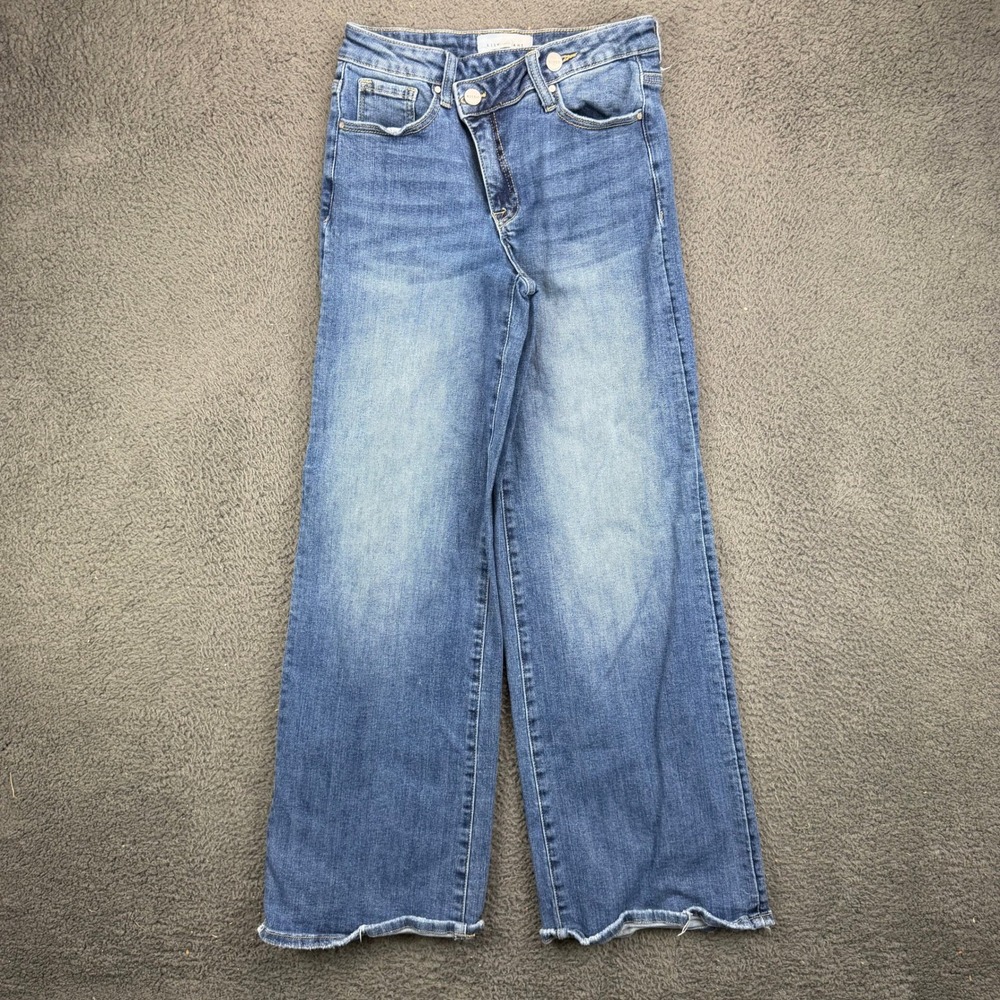 Risen Jeans Womens Size 5 27 Blue Asymmetric Waist Wide Leg Raw Hem RDP5281